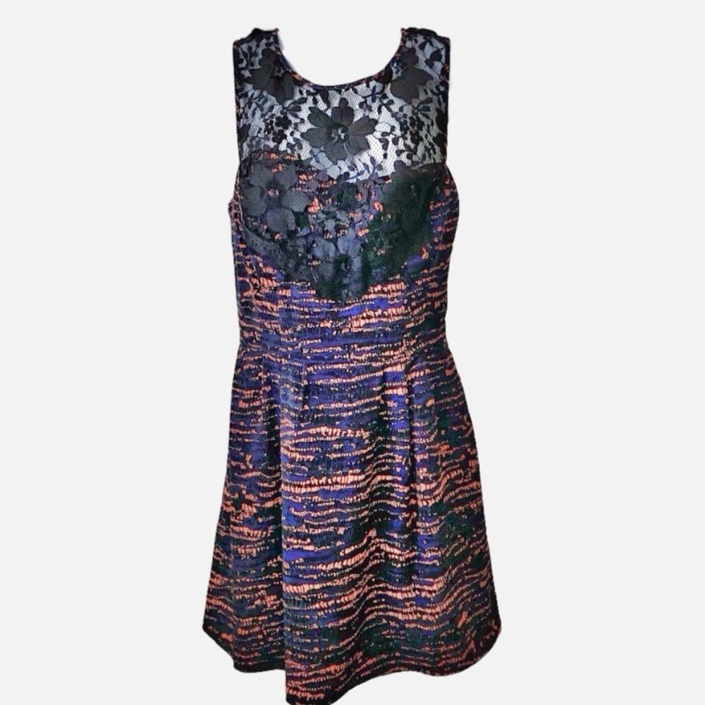 BCBG, Navy and Persimmon Orange Lace Overlay Detail Dress
